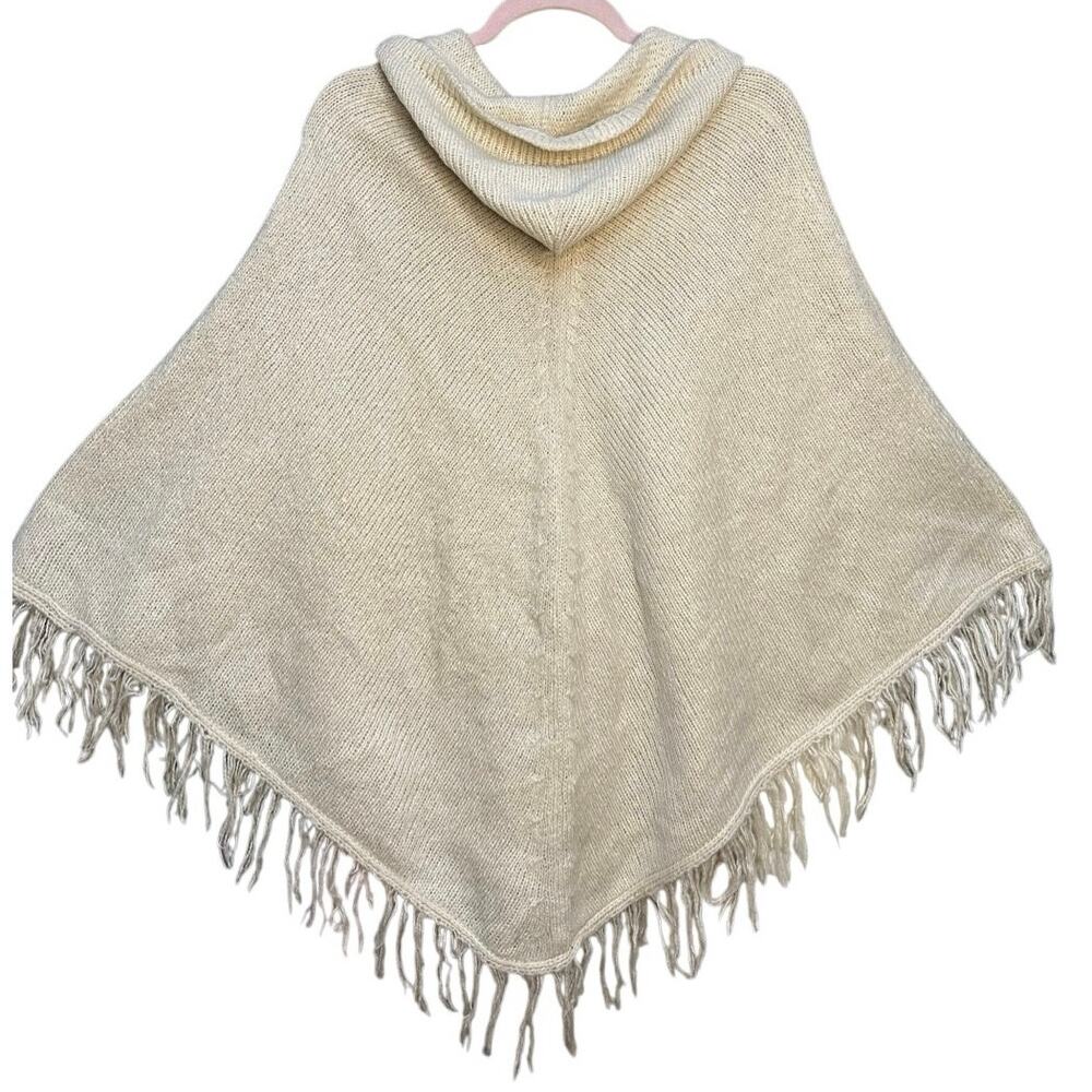Vintage‎ Y2K Hooded Knitted Poncho Tassel Hem Wool Blend Gropcore Fairycore